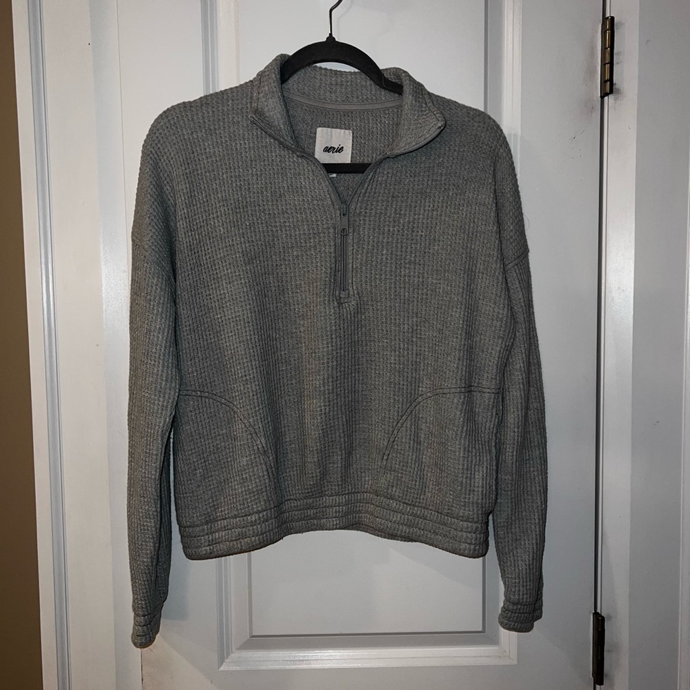 Aerie Textured Gray Knit Quarter Zip